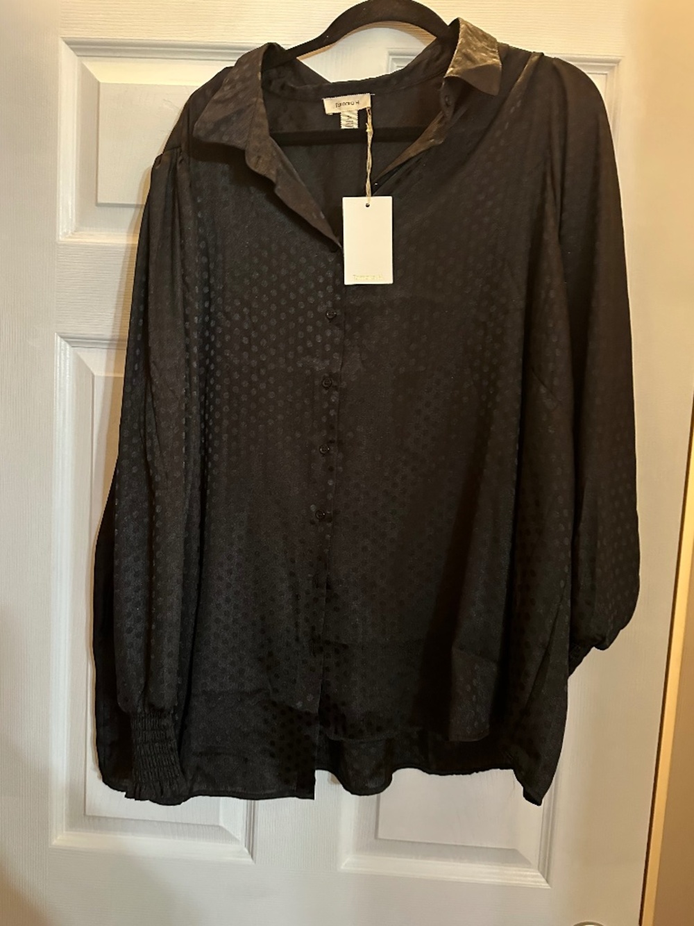 Tamara H Black Satin Polka Dot Button Blouse 3X NWT